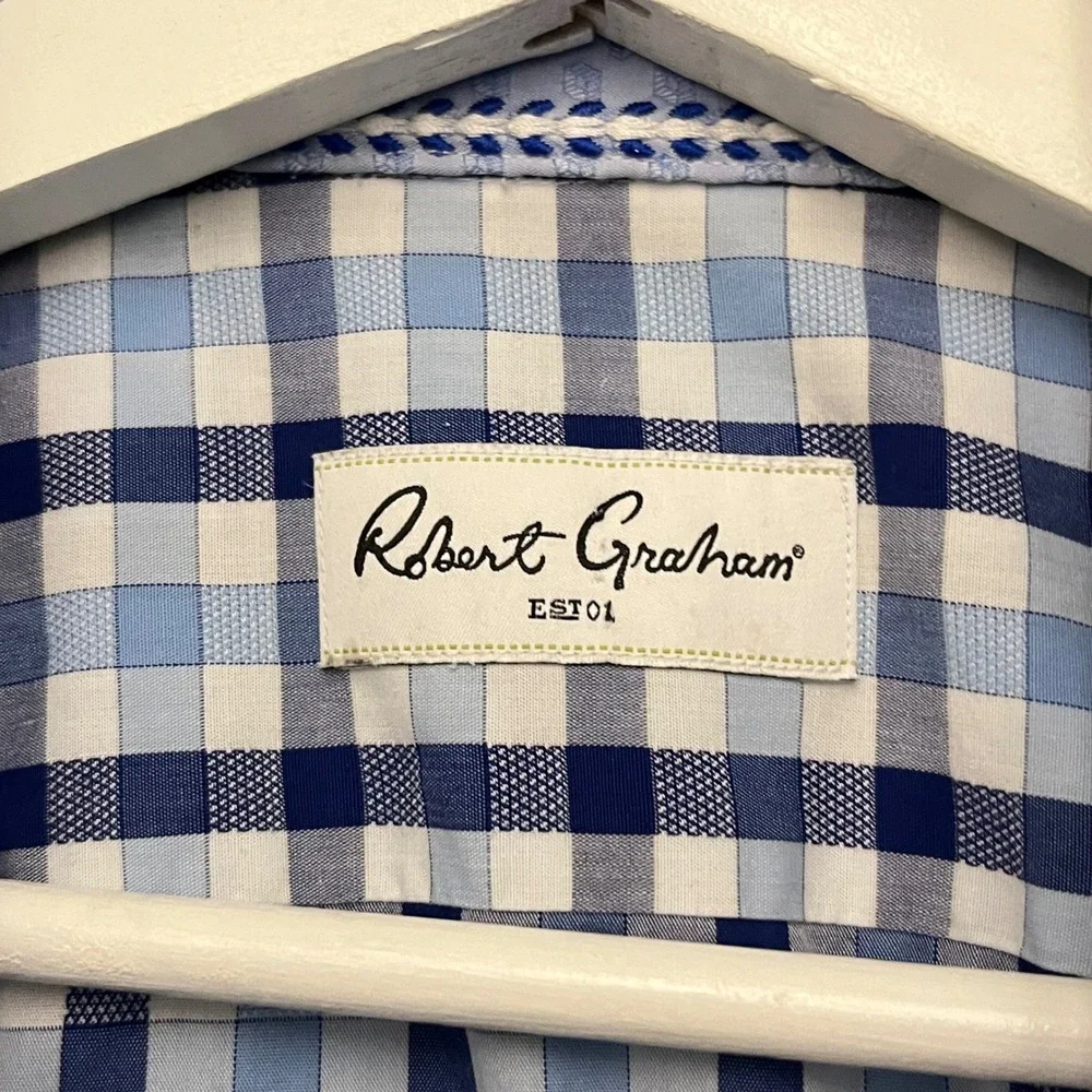 Robert Graham Blue Gingham Check Cotton Button Front Shirt Mens 3XL Long Sleeve